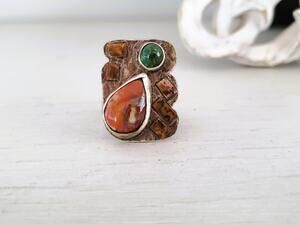 Vintage Sterling Silver Turquoise and Coral Wide Band Ring